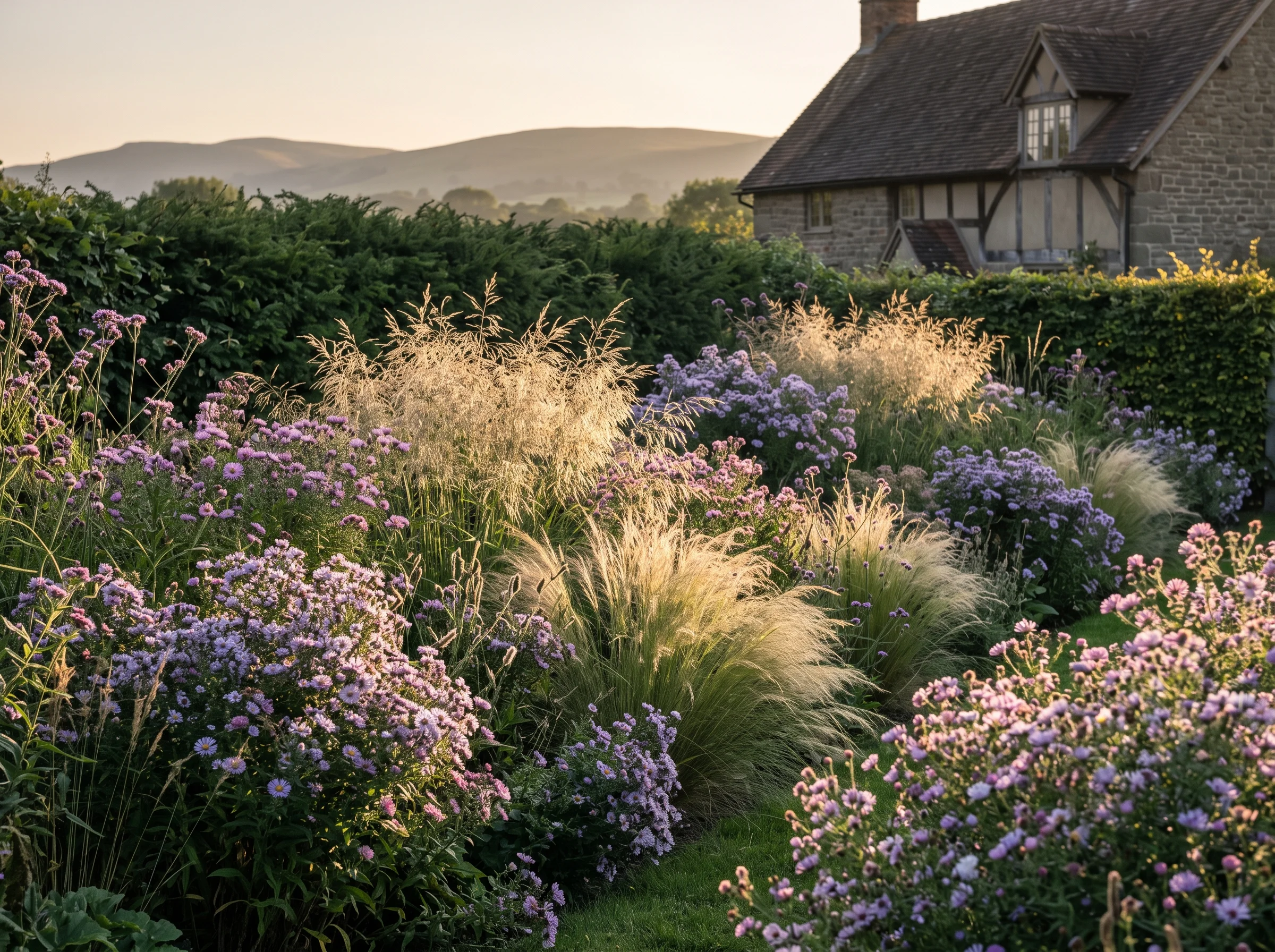Farm borders in late July, a haze of grasses and asters with a hill soft beyond