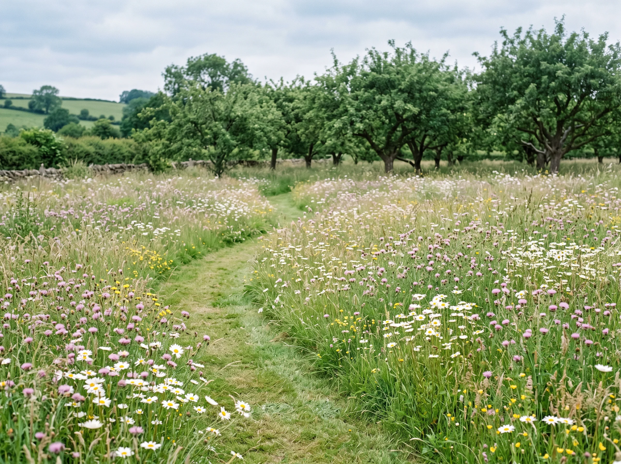 A wildflower meadow in July, oxeye daisies and knapweed either side of a mown path