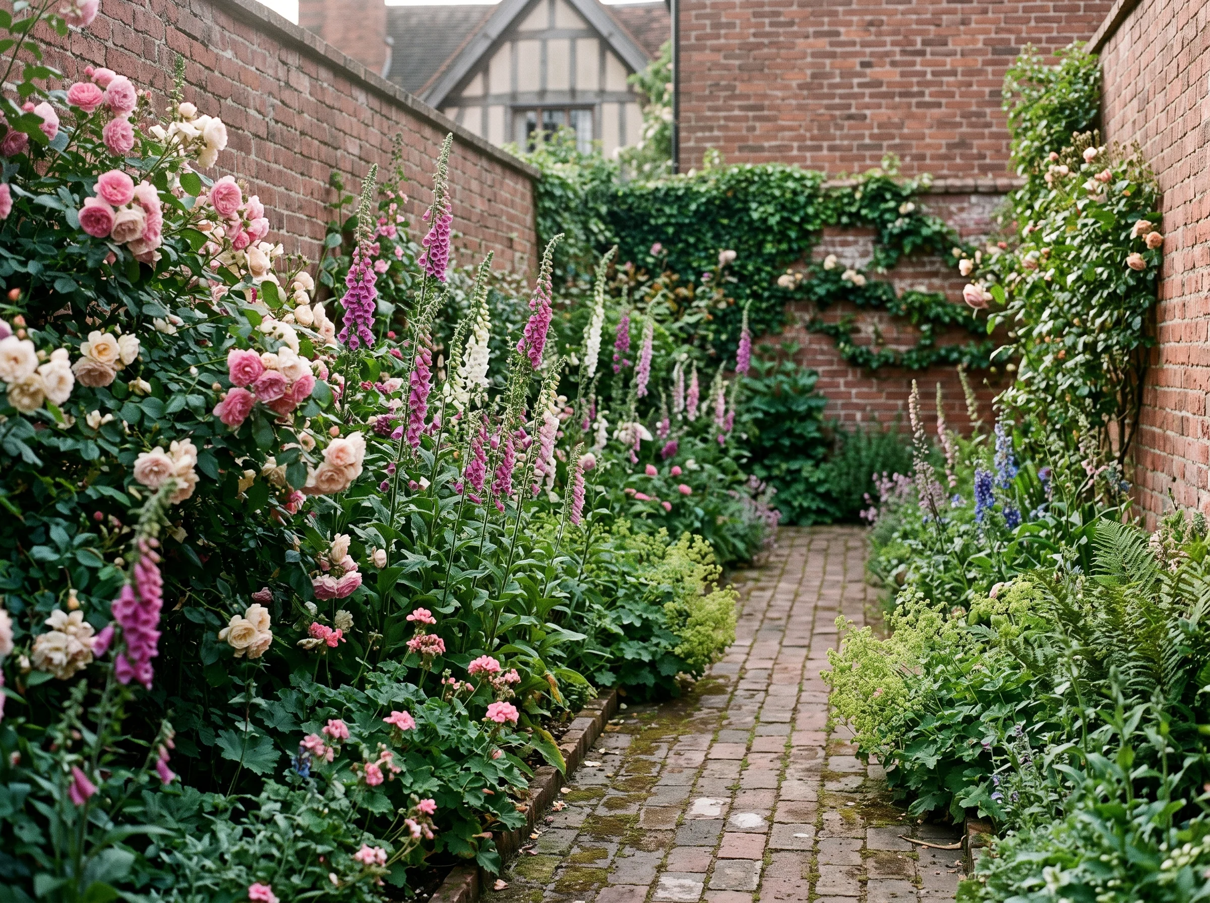 A walled garden border in July, roses and foxgloves along a brick path