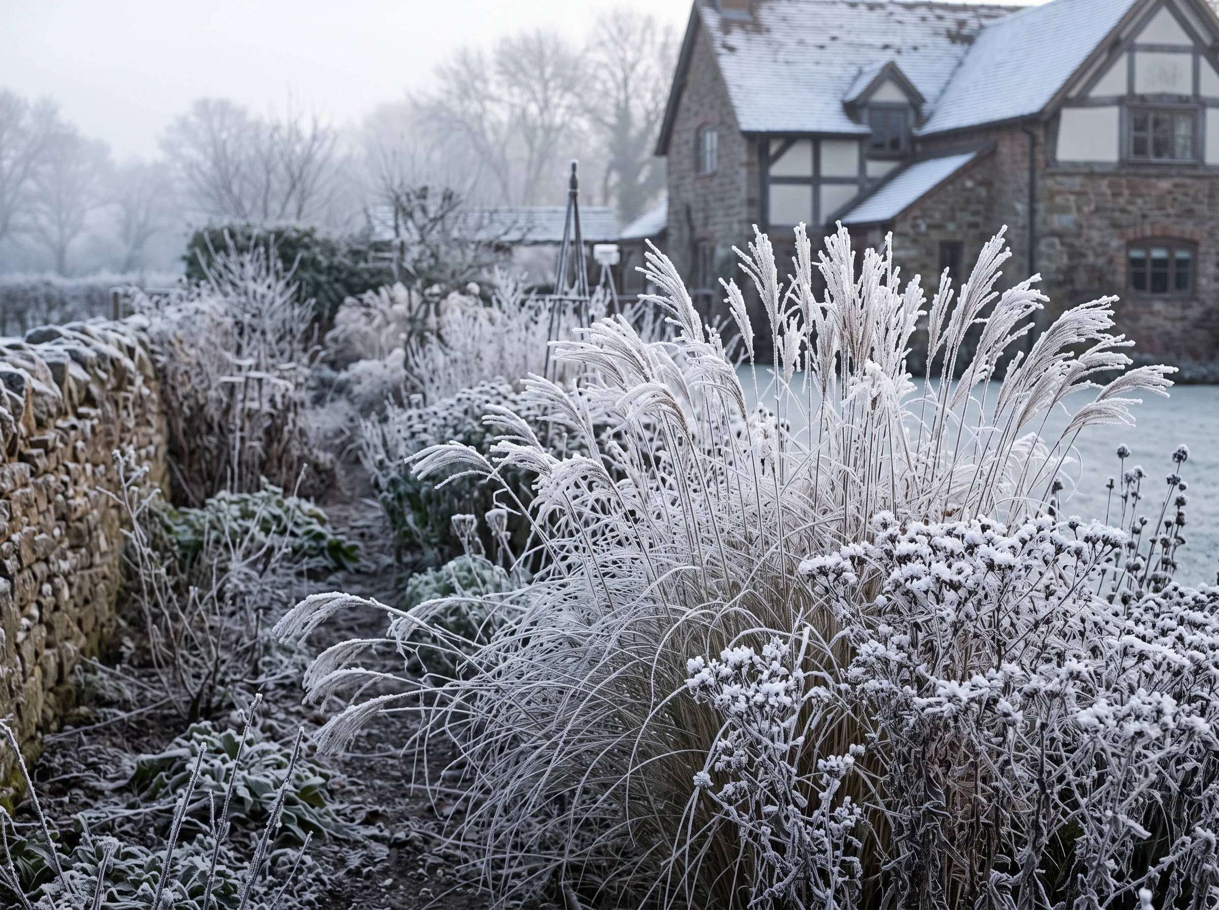 The same farm borders in January, hoar frost thick on standing grasses and seedheads