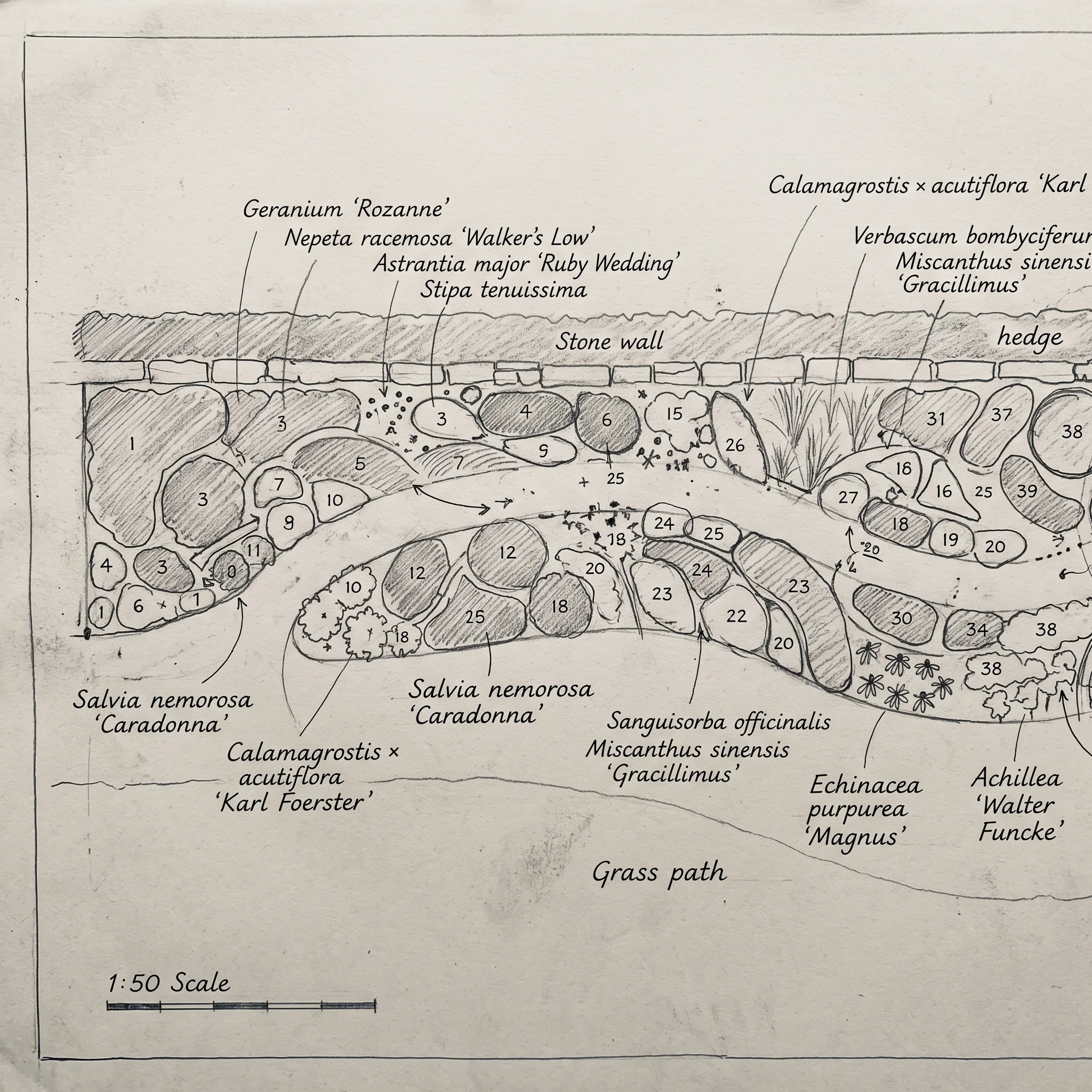 Pencil planting plan for the walled garden border, drifts numbered and annotated in Latin