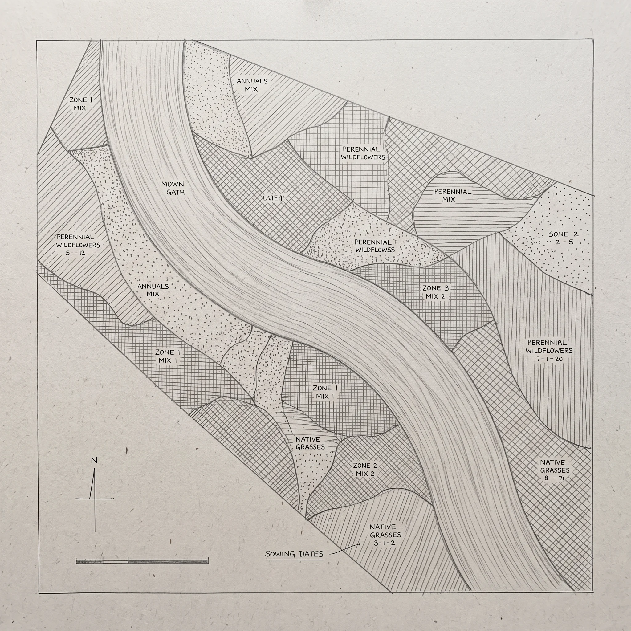 Pencil plan for the orchard meadow, sowing zones hatched around a curving mown path
