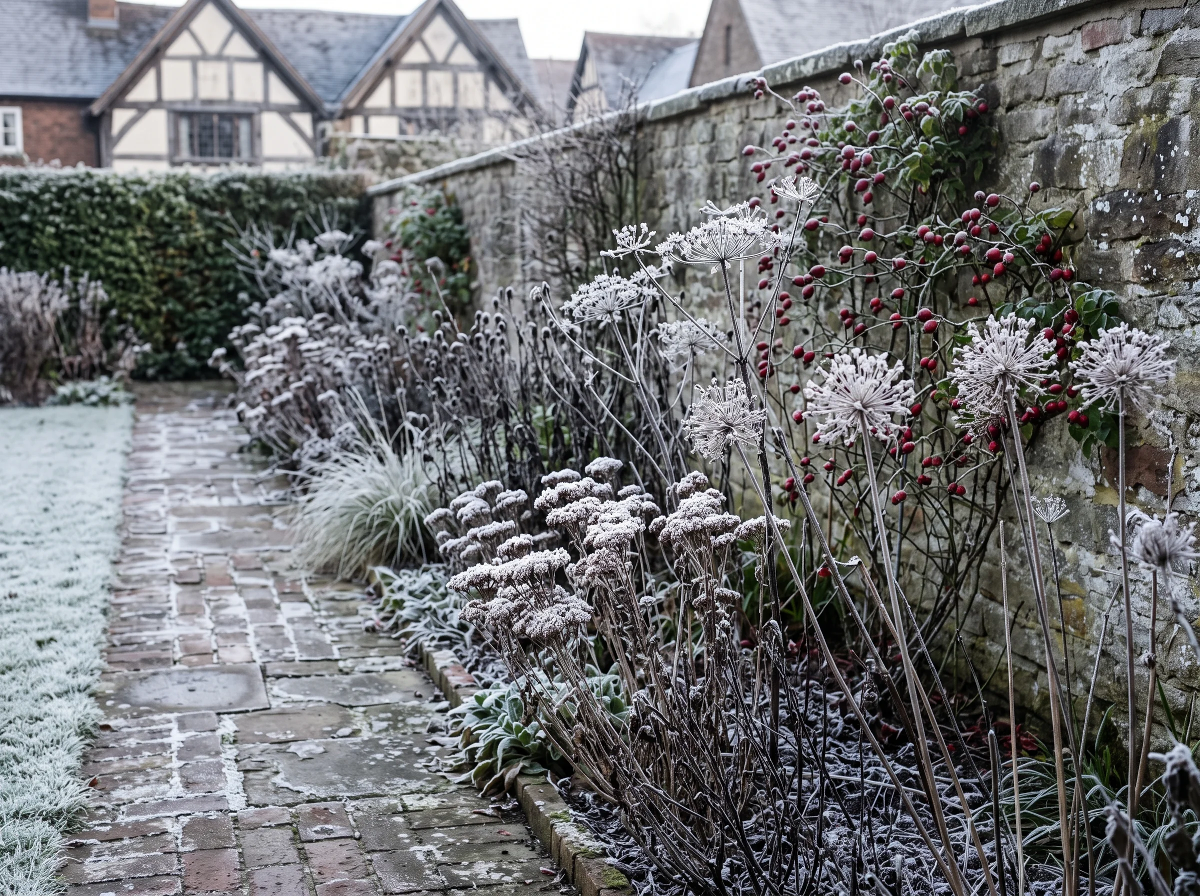 The same walled border in January, frosted seedheads and rose hips along the path
