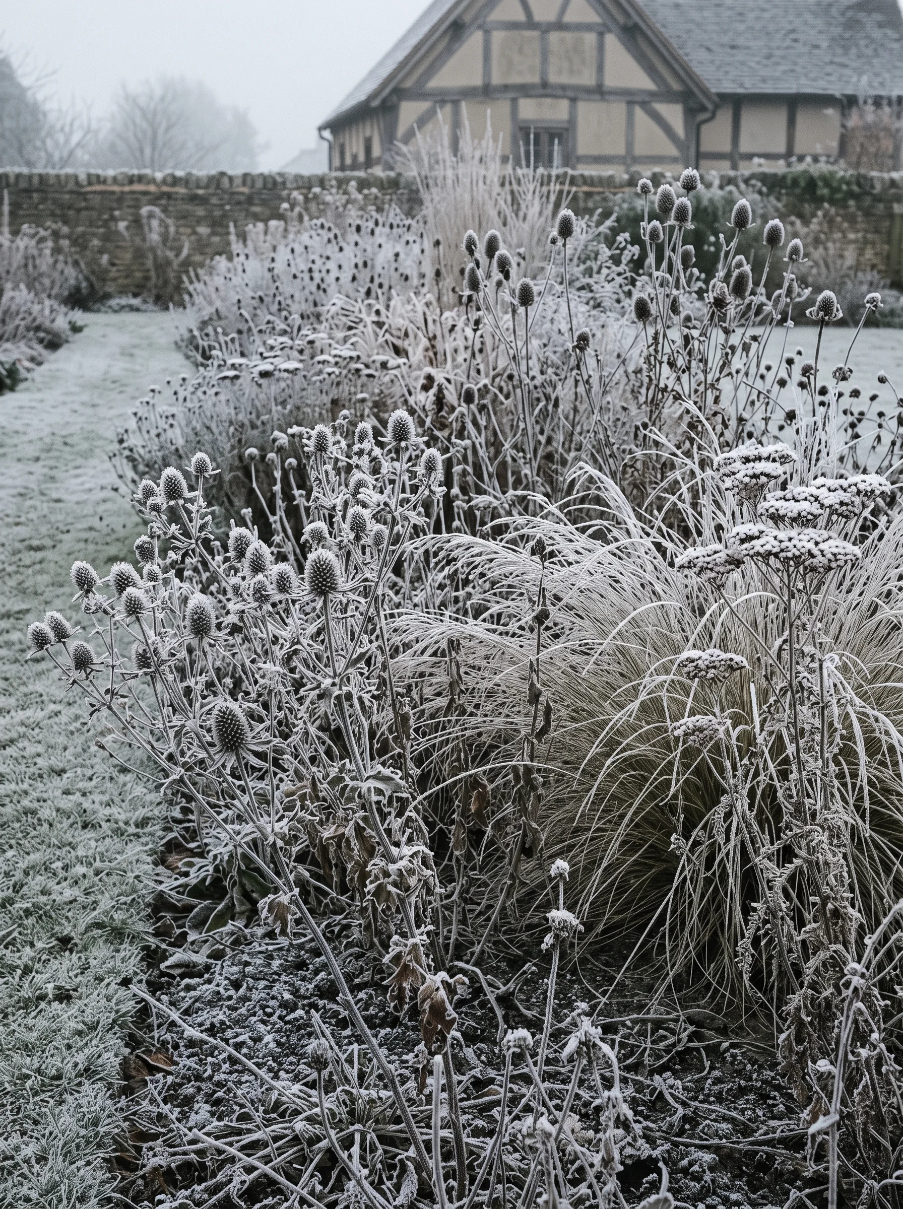 The same border in January, hoar frost on standing seedheads and bare stems