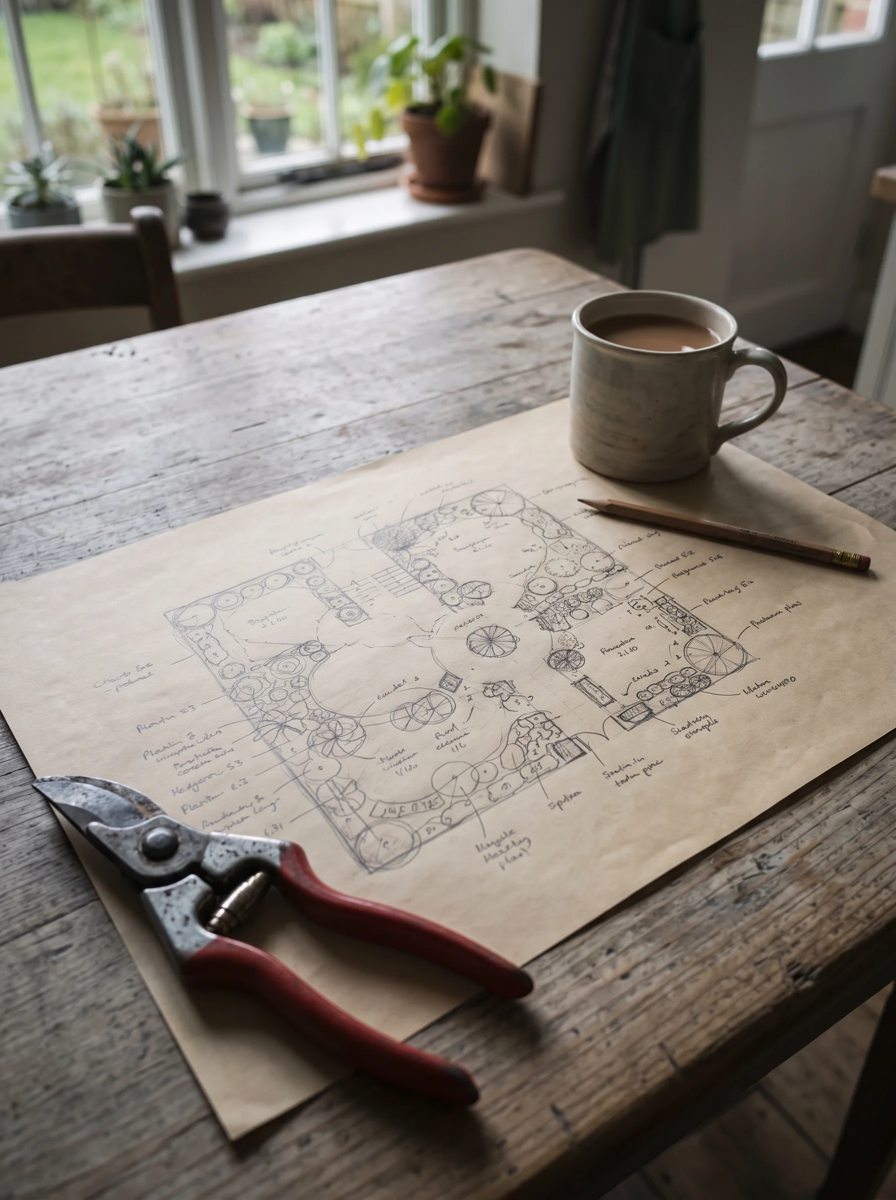 A pencil planting plan on drafting paper, weighted down on a kitchen table by a mug and a pair of secateurs