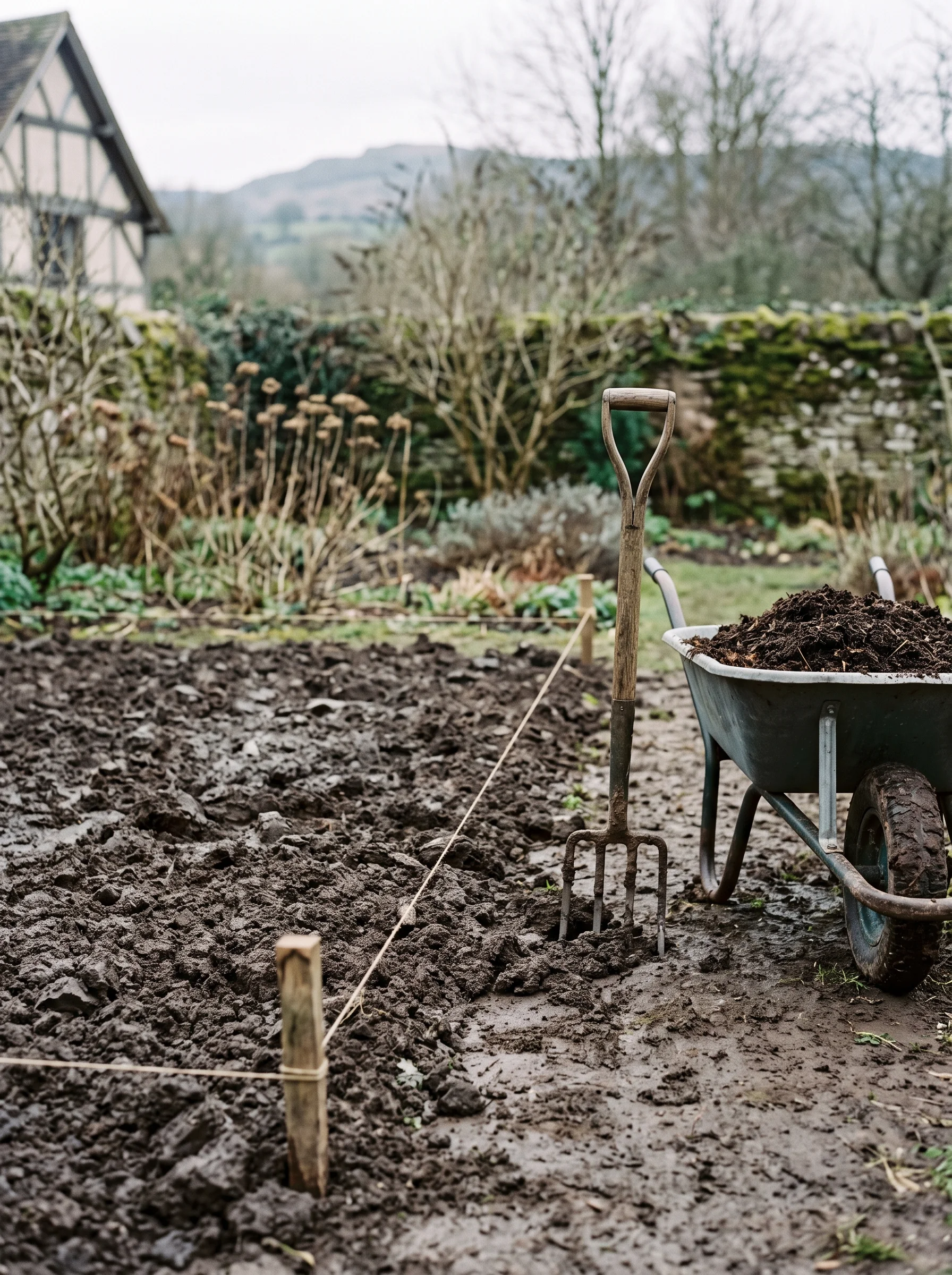 Turned March soil with a string line across the bed and a barrow of mulch behind