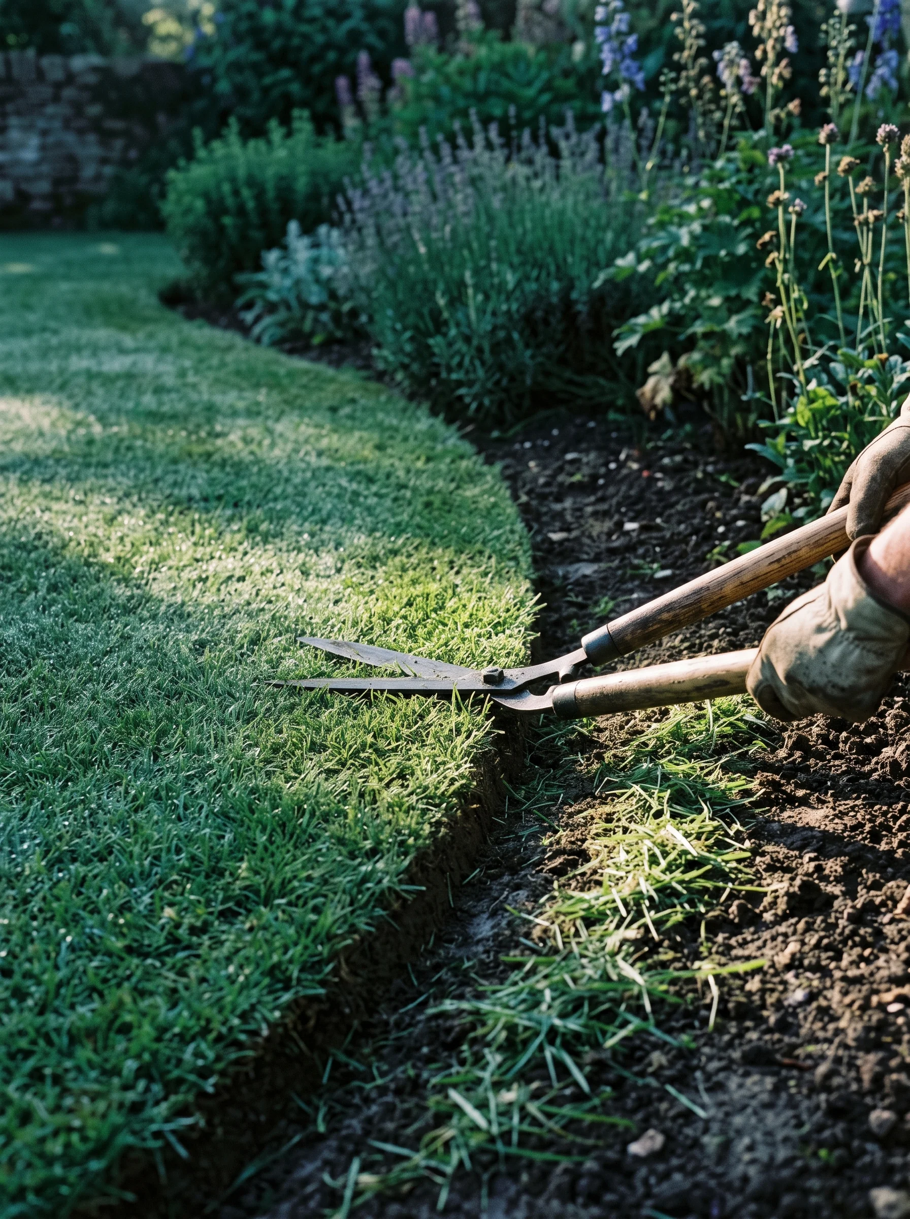 Edging shears mid-cut along a crisp lawn edge in July