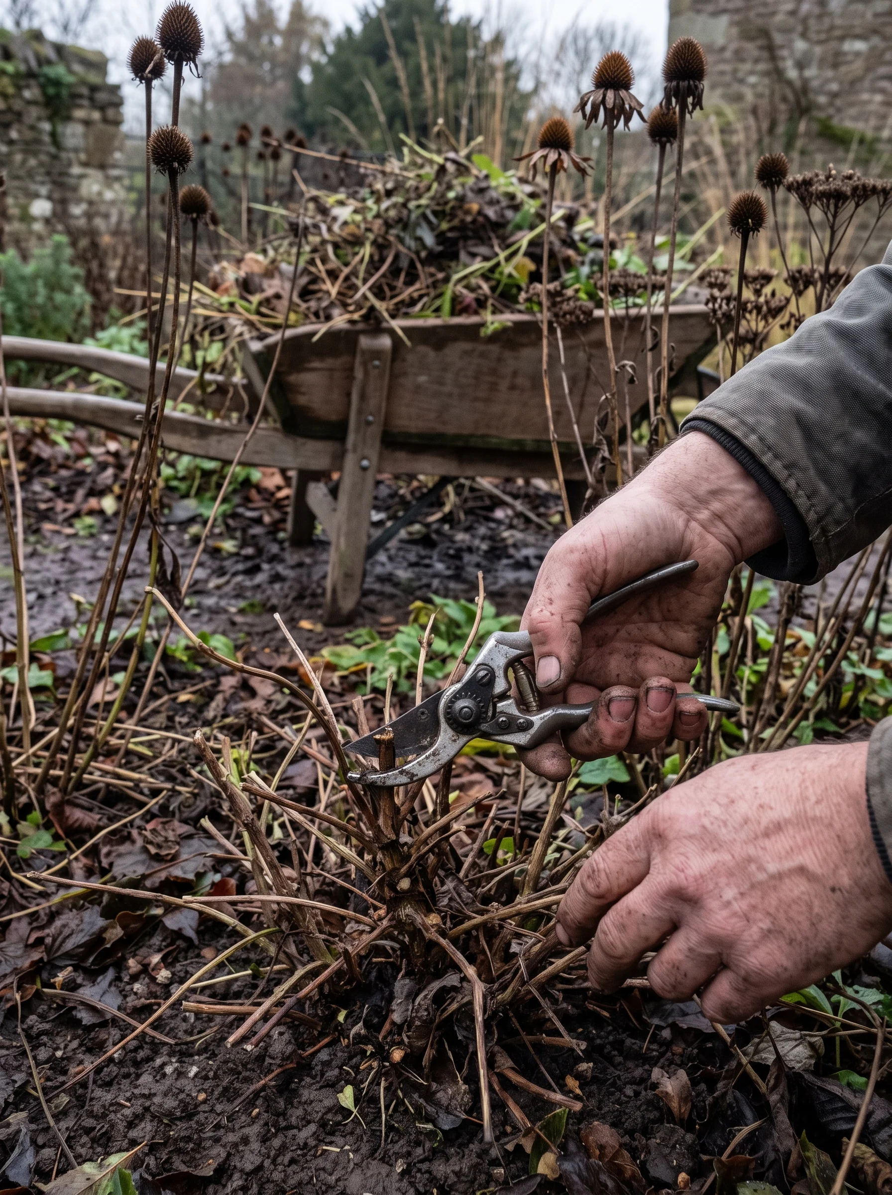 Muddied hands cutting at a perennial crown with secateurs, a barrow of clippings on the wet grass behind