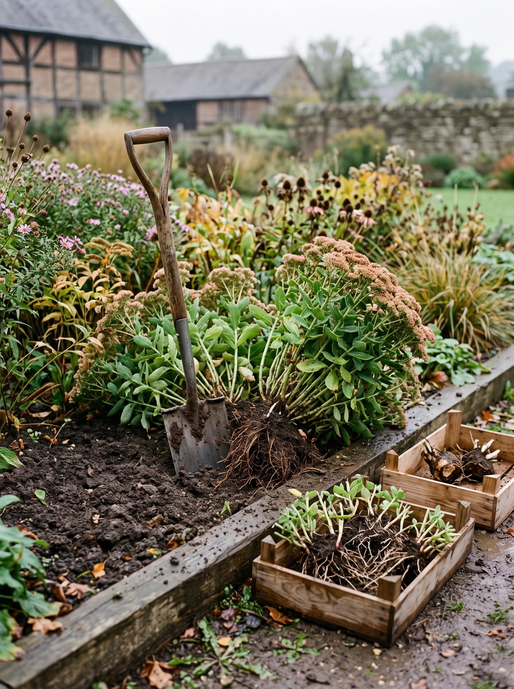 A perennial clump divided with a spade in September, split crowns crated beside the bed