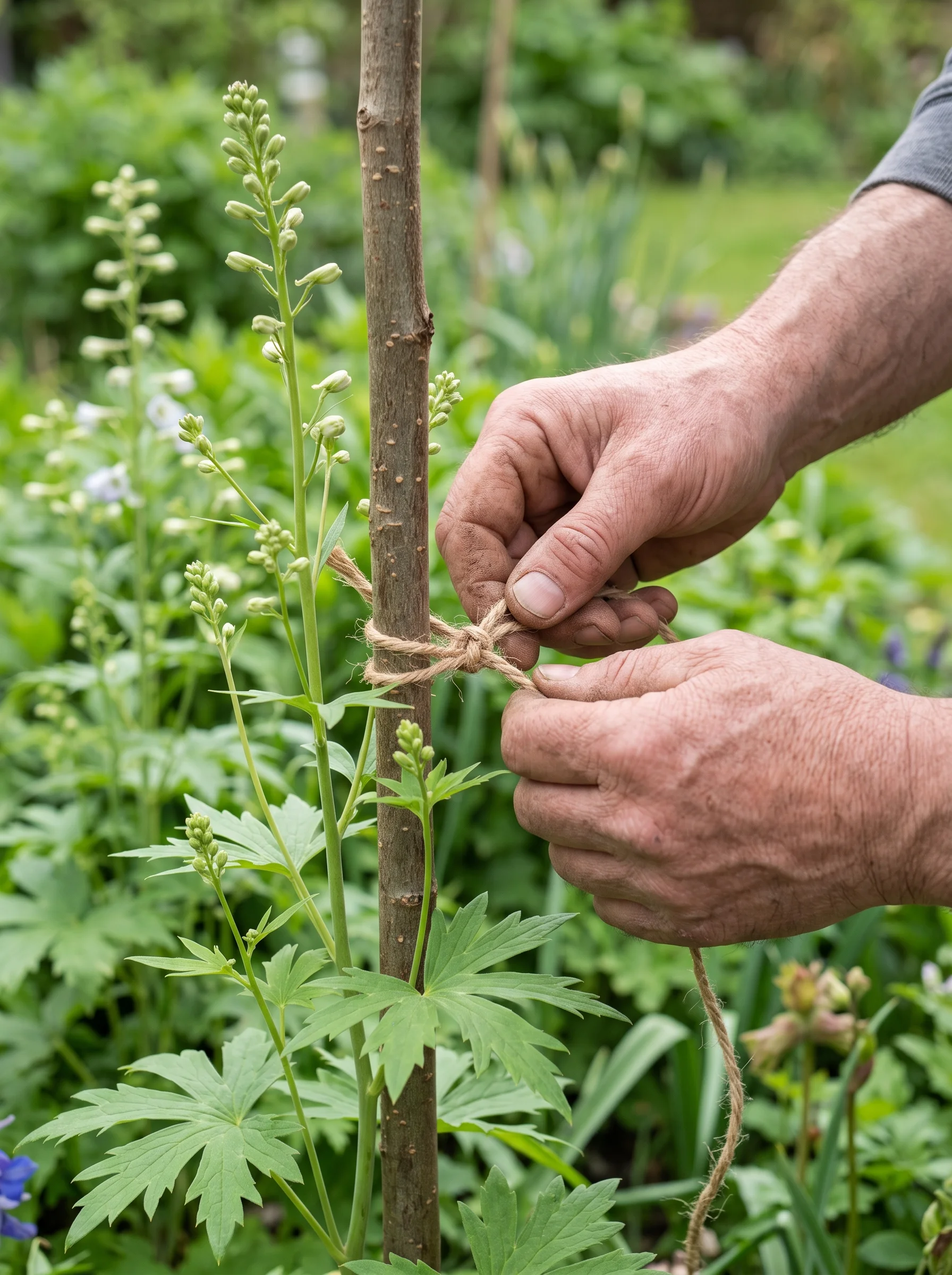 Hands tying young delphinium stems to hazel stakes with twine in May