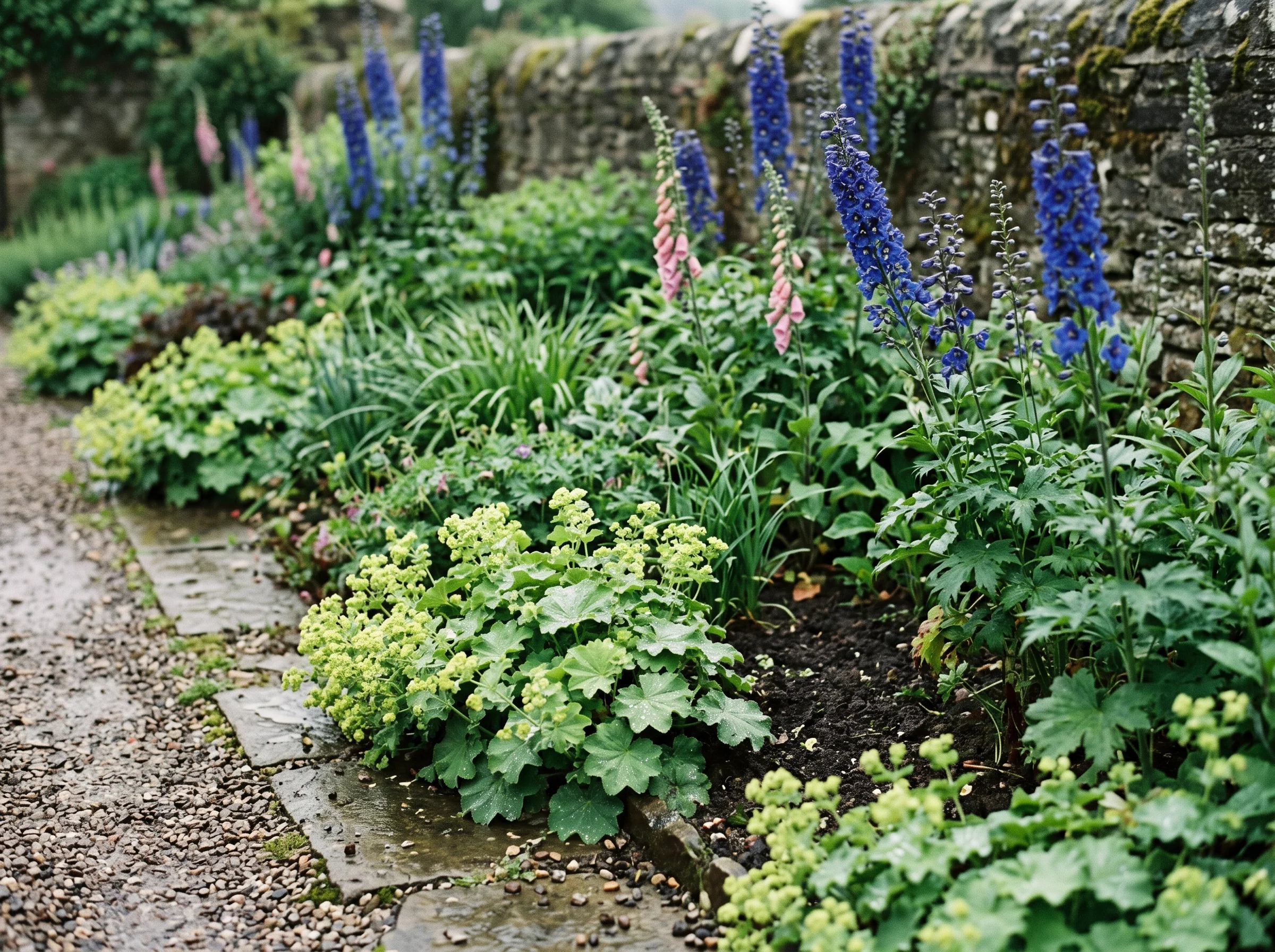 A layered country border read from the path: lady's mantle at the edge, delphinium spires behind, a stone wall beyond